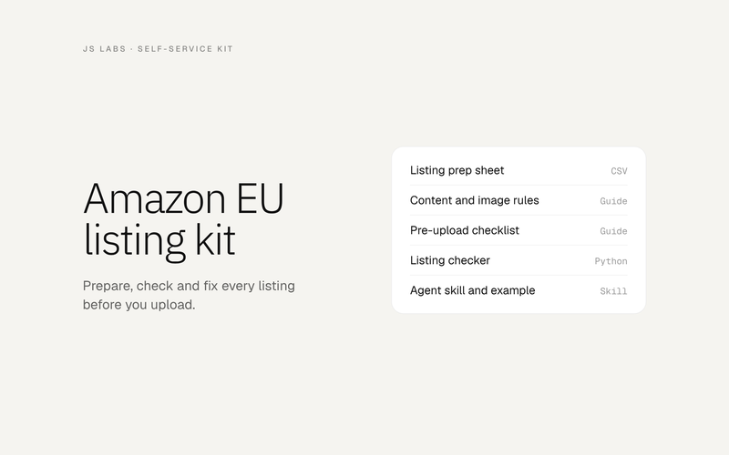 Amazon EU listing kit: listing prep sheet, content and image rules, pre-upload checklist, listing checker, agent skill and example