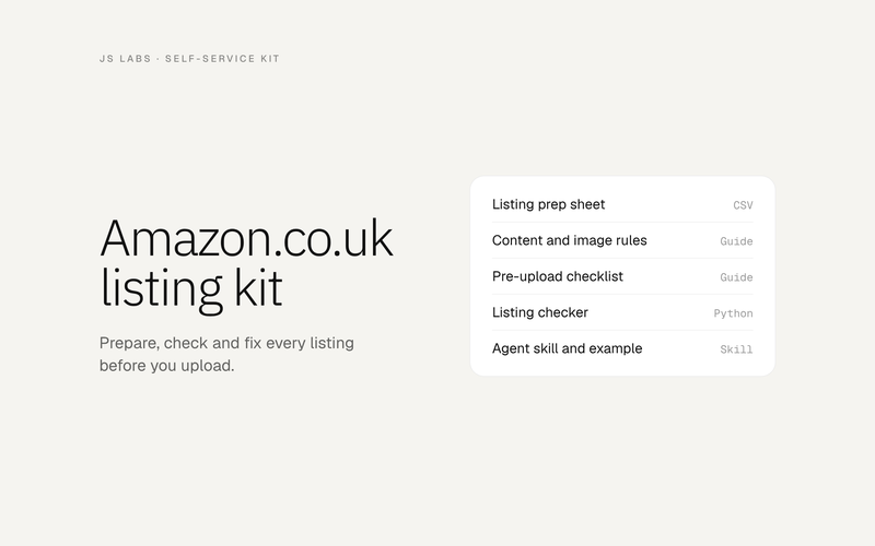 Amazon.co.uk listing kit: listing prep sheet, content and image rules, pre-upload checklist, listing checker, agent skill and example