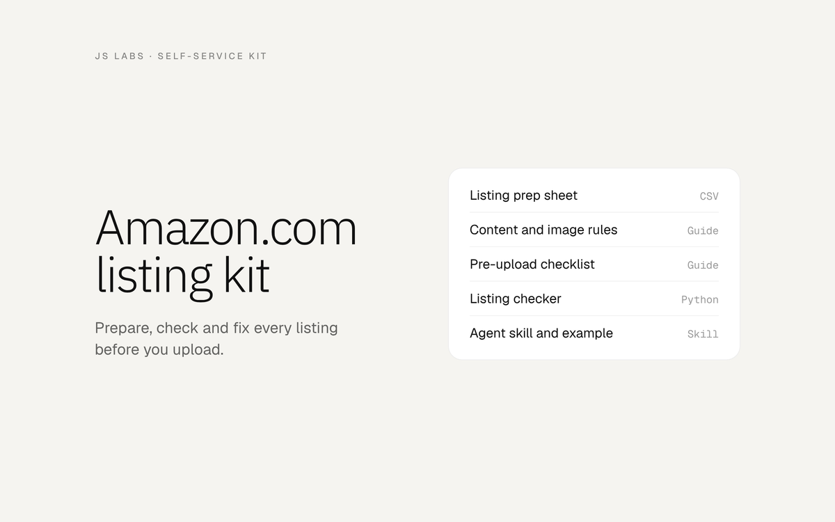 Amazon.com listing kit: listing prep sheet, content and image rules, pre-upload checklist, listing checker, agent skill and example