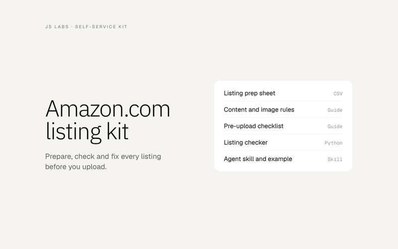Amazon.com listing kit: listing prep sheet, content and image rules, pre-upload checklist, listing checker, agent skill and example