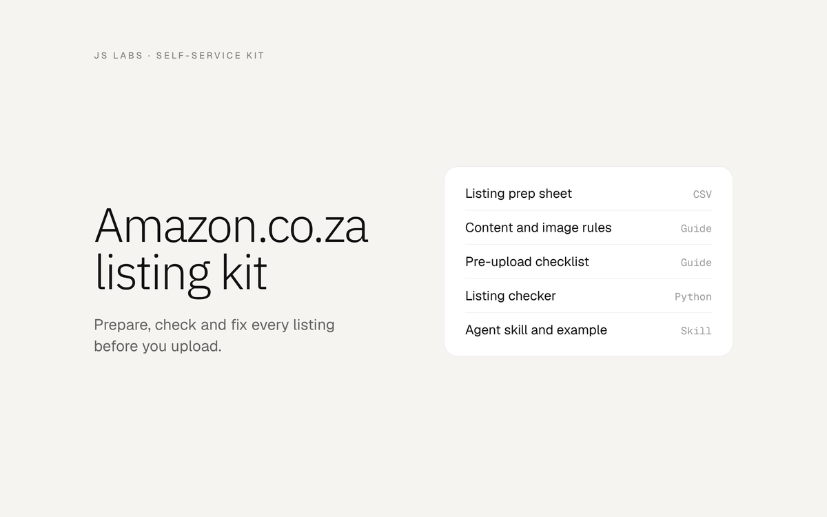 Amazon.co.za listing kit: listing prep sheet, content and image rules, pre-upload checklist, listing checker, agent skill and example