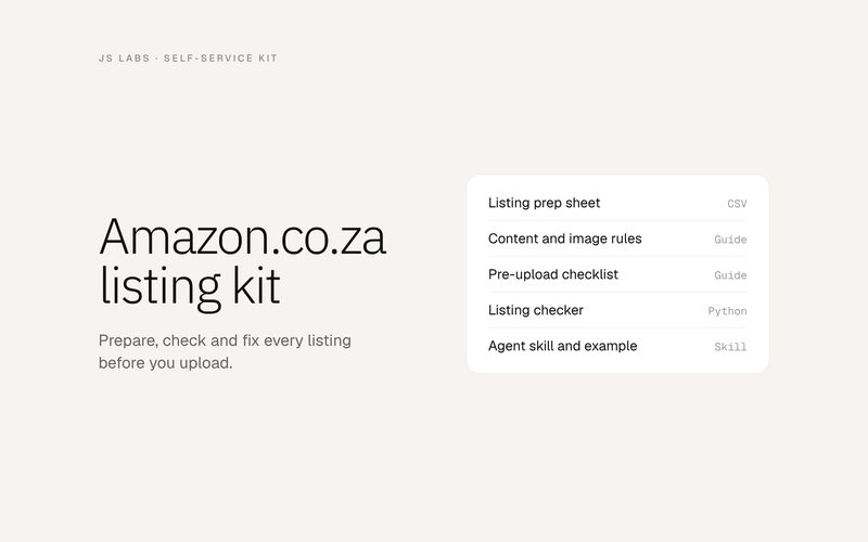 Amazon.co.za listing kit: listing prep sheet, content and image rules, pre-upload checklist, listing checker, agent skill and example