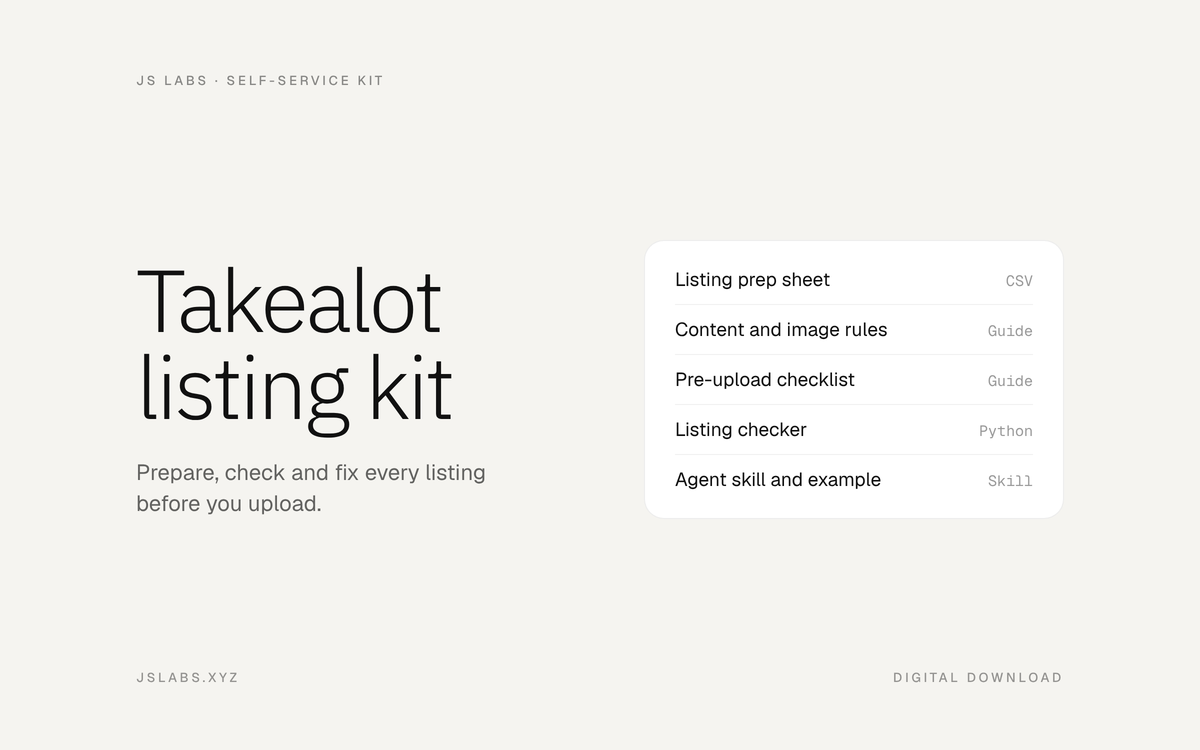 Takealot listing kit: listing prep sheet, content and image rules, pre-upload checklist, listing checker, agent skill and example